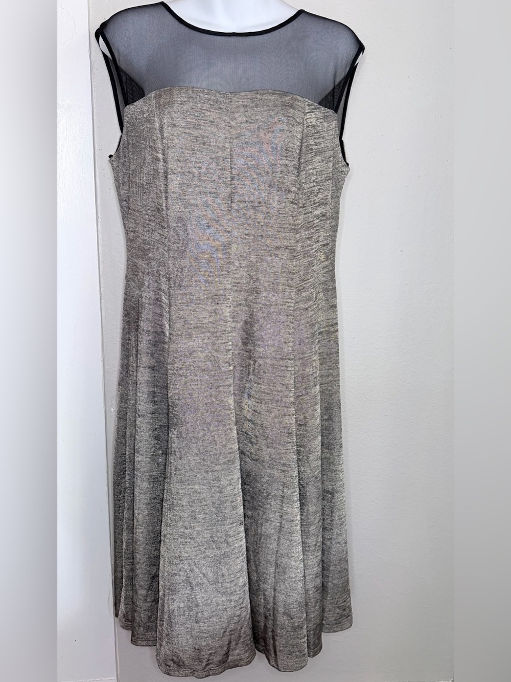 NWT R&M Richards Gray Shimmery A-line black sheer neckline Dress Size 12